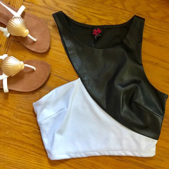 2B bebe Tops - 2B Bebe pleather/polyester asymmetrical crop top